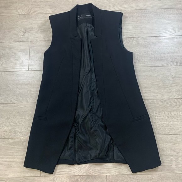 Zara Black Sleeveless Blazer Duster Jacket Vest Open Front Padded Shoulders - Picture 2 of 9